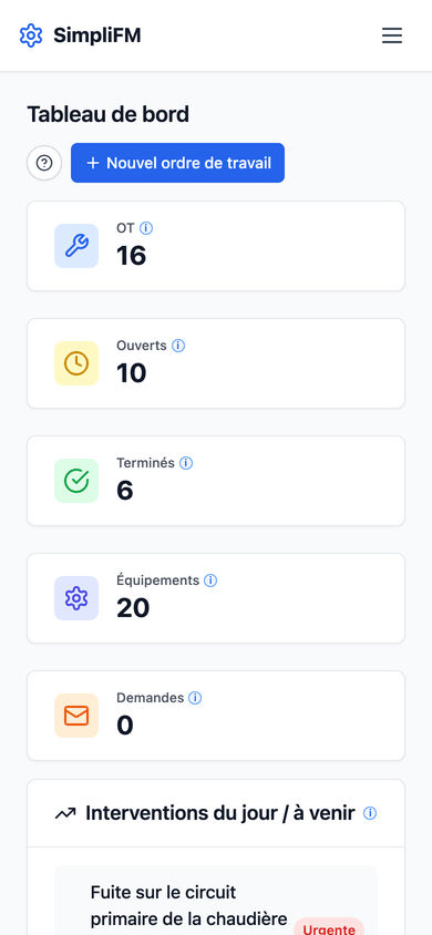 Tableau de bord SimpliFM sur téléphone.
