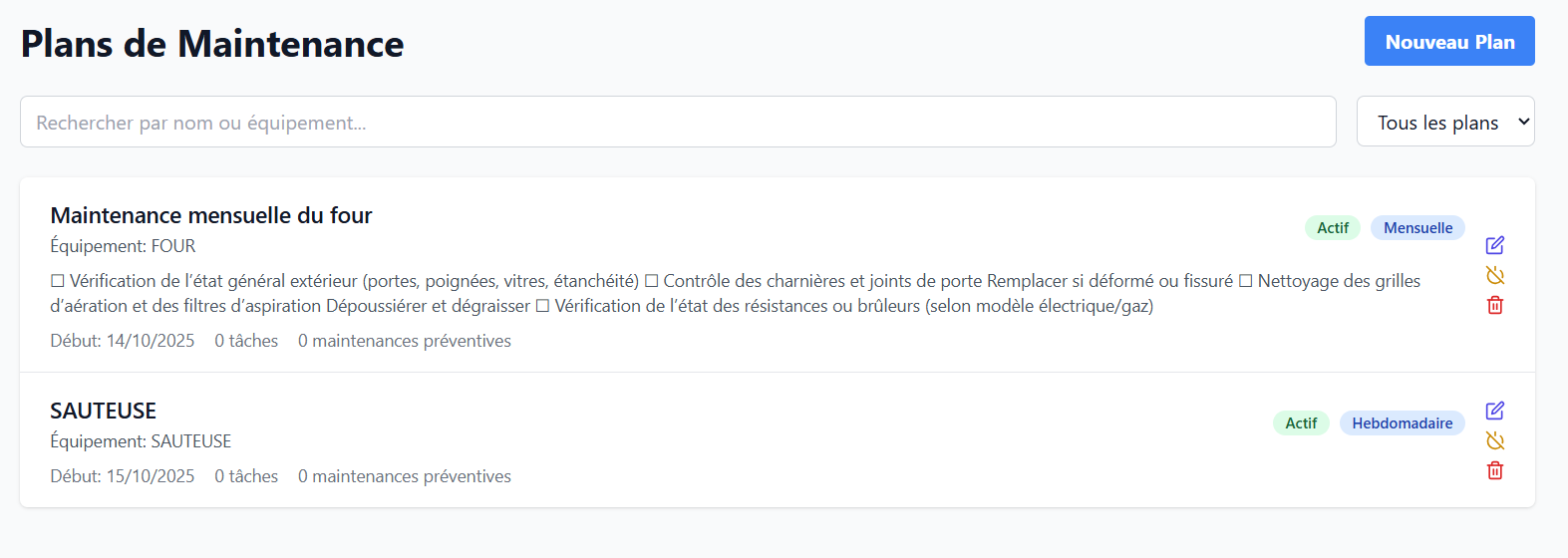 Plans de maintenance